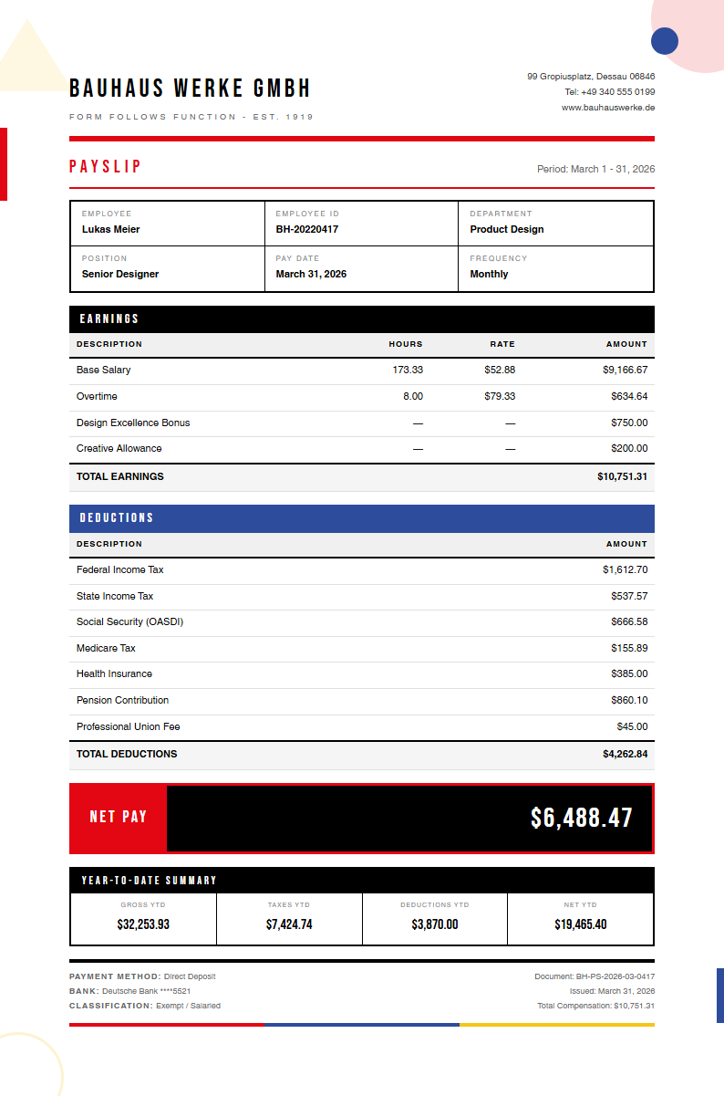 Bauhaus Revival Payslip